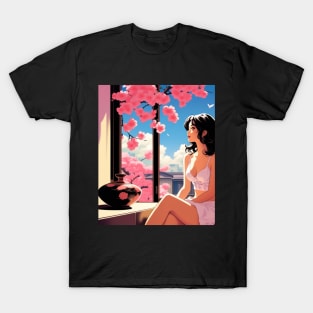 Japanese Girl And Cherry Blossom - Anime Drawing T-Shirt